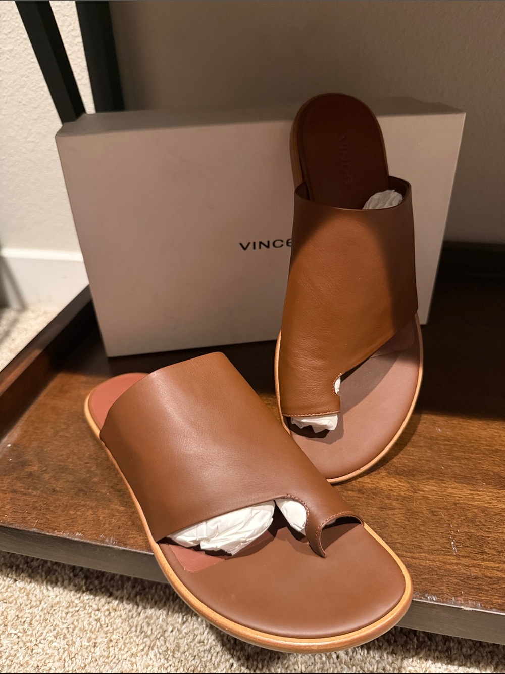Vince Tan Leather Toe-Loop Slide Sandals